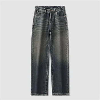 Na jar a na Jeseň Jeans pánske jednofarebné Y2K Rovnou Nôh Nohavice Tlačidlo Vrecku Umývanie Voľné Nohavice A166