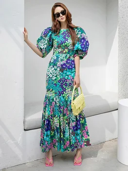 Letné Nový kórejský Štýl, Módne Šaty Fishtail Tlač na Kvetinový Daisy Slim Kolo Krku Šaty Elegantné Večerné Šaty pre Ženy 2024