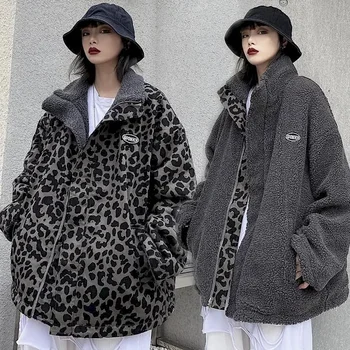 Gotický Reverzibilné Leopard Tlač Zimné Pribrala Bundy pre Ženy Y2k Streetwear Stojan Golier Parkas kórejský Coats K Pop Oblečenie