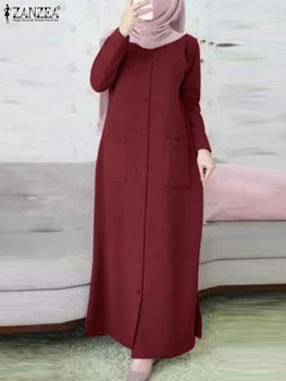 ZANZEA Módne Ženy Jar Dlhý Rukáv Bežné Abaya Hidžáb Sundress Pevné Moslimských Ramadánu Turecko Šaty Islamskej Handričkou Župan Femme