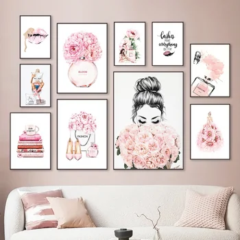 Home Decor Moderný Ružový Sladké Kvetinové Obrázok na Stenu Umelecké Plátno na Maľovanie Módne Make-Up Umenie Plagáty a Výtlačkov pre Domitory Dizajn